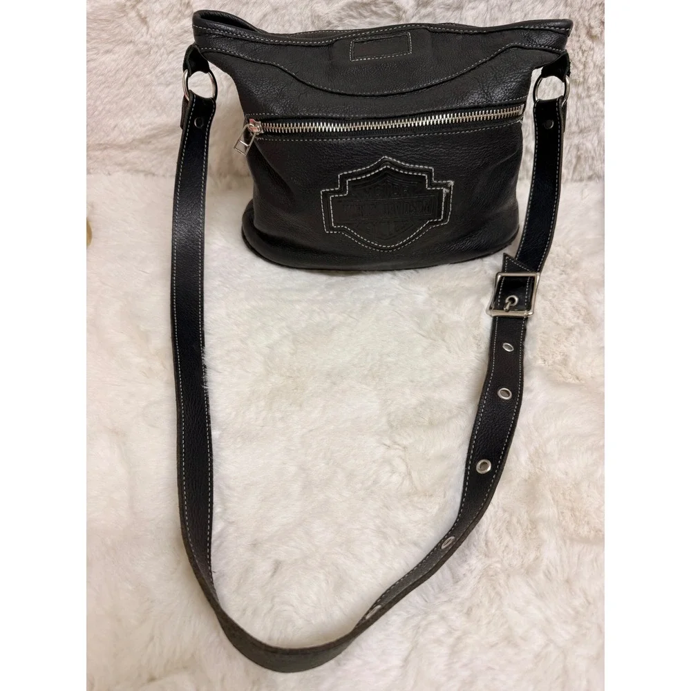 Harley-Davidson Black Leather Crossbody Bag USA Made Biker Purse Logo Stitching